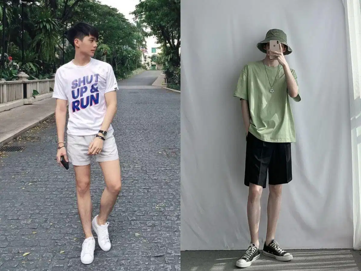 Áo thun phối quần short nam Phối áo thun cổ tròn cùng quần short nam cho người gầy
