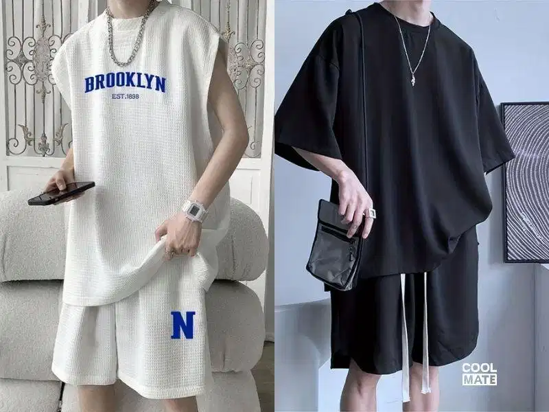 Nam giới diện áo thun cổ tròn cùng quần short thể thao