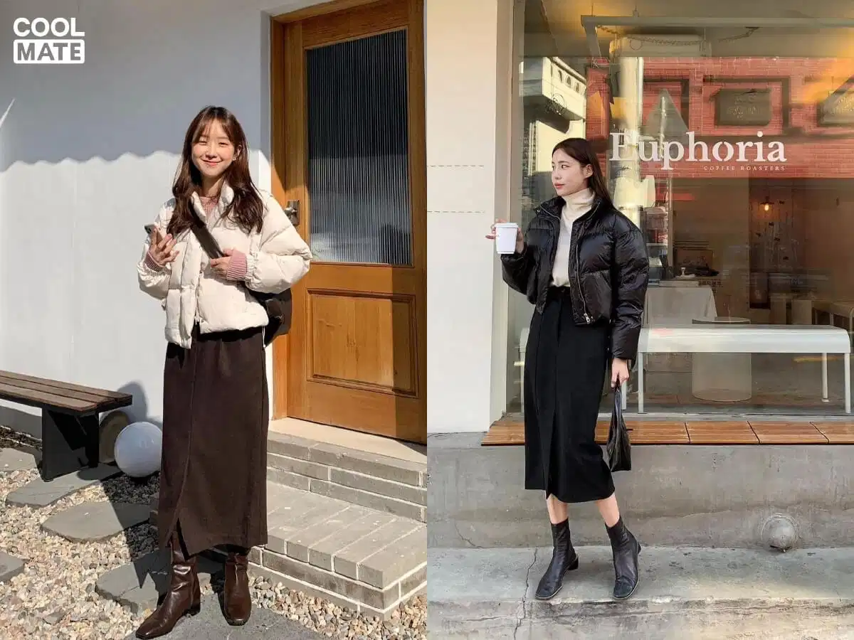 Phối chân váy dài và áo khoác phao/bomber Phối chân váy dài với áo phao hoặc bomber