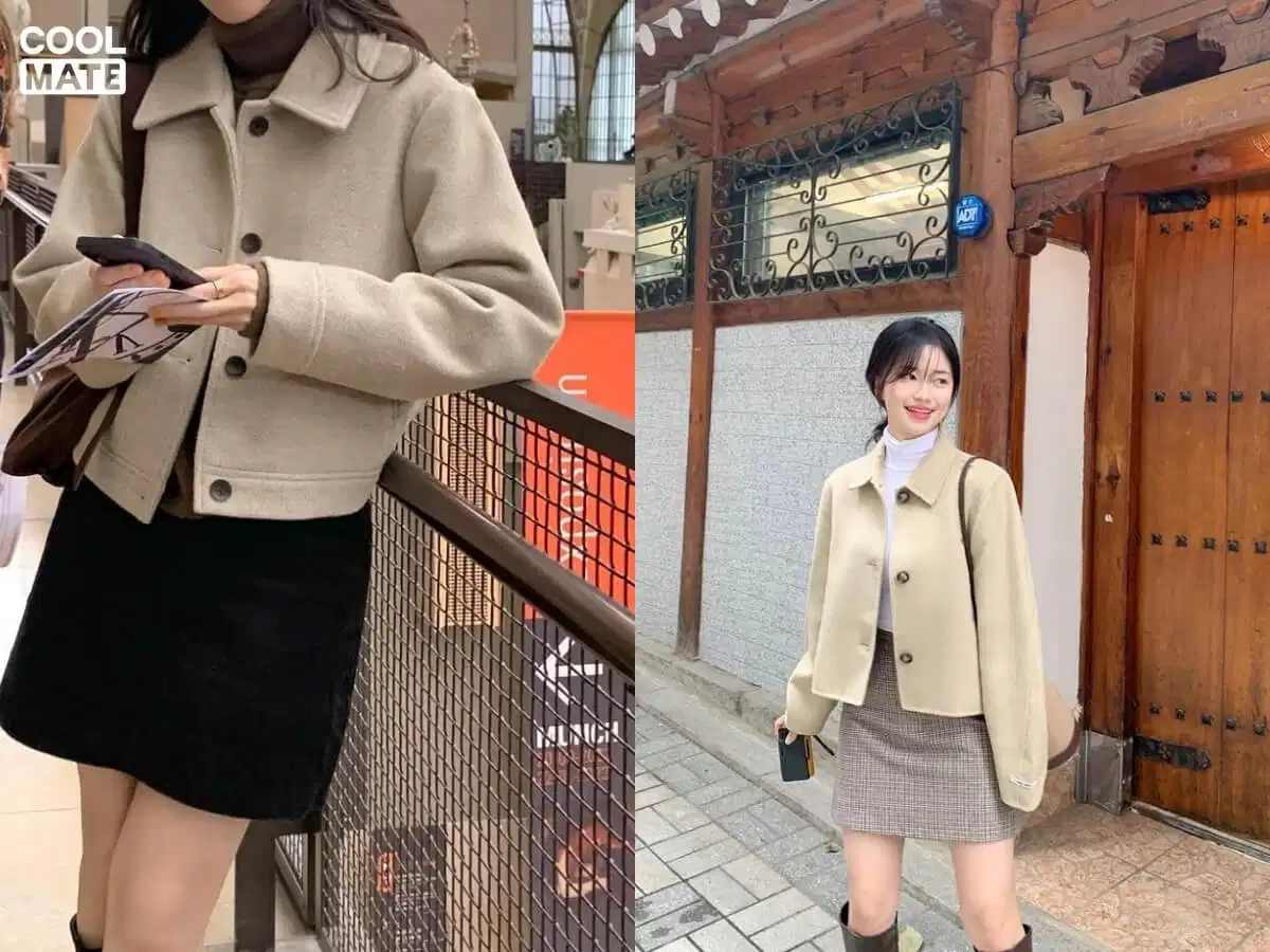 Phối chân váy ngắn chữ A với áo nỉ và áo khoác dạ ngắn Phối chân váy ngắn chữ A với áo nỉ và áo khoác dạ ngắn