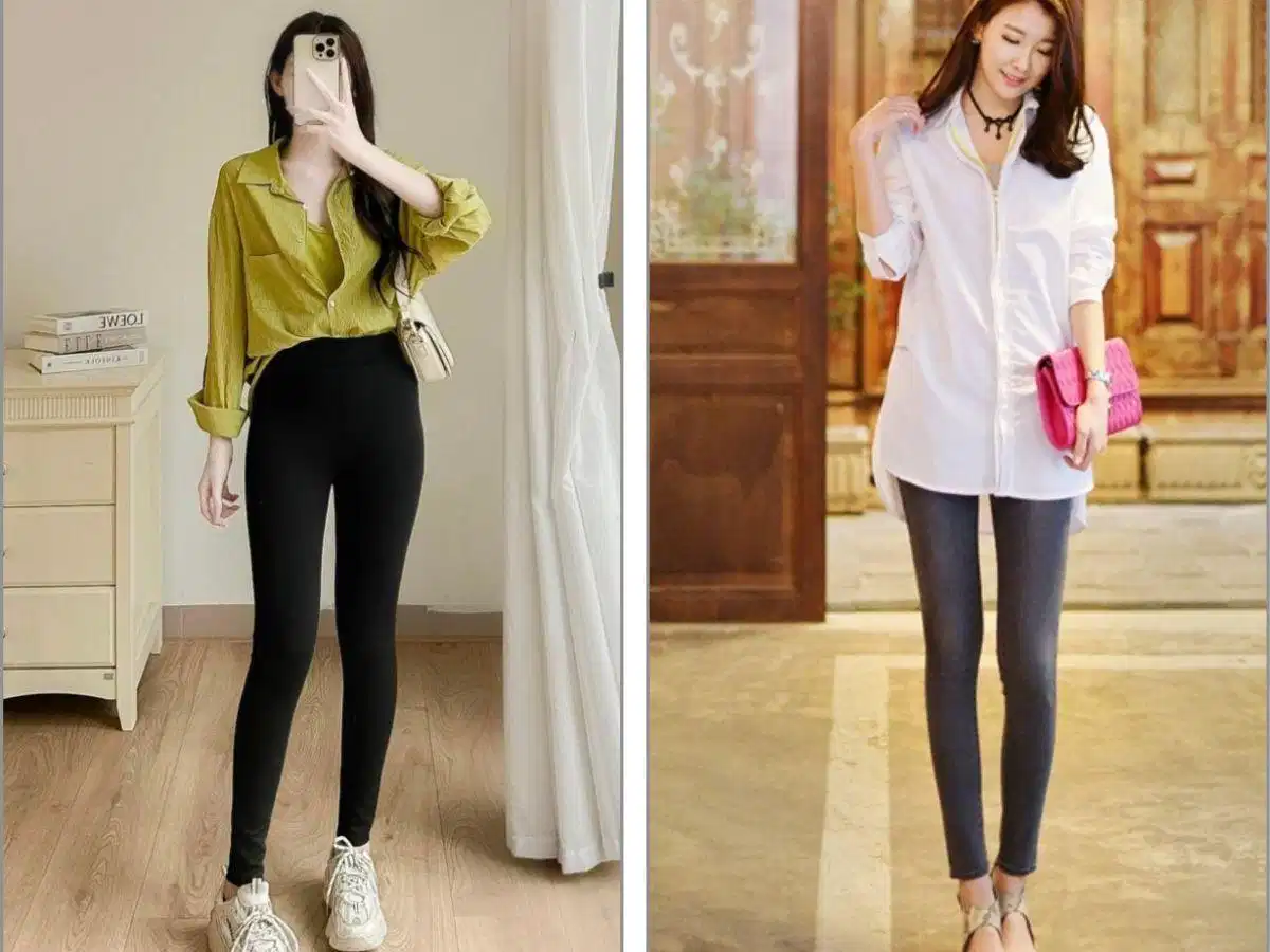 Phối áo sơ mi layer cùng quần legging Áo sơ mi dáng rộng khoác ngoài phối cùng legging năng động