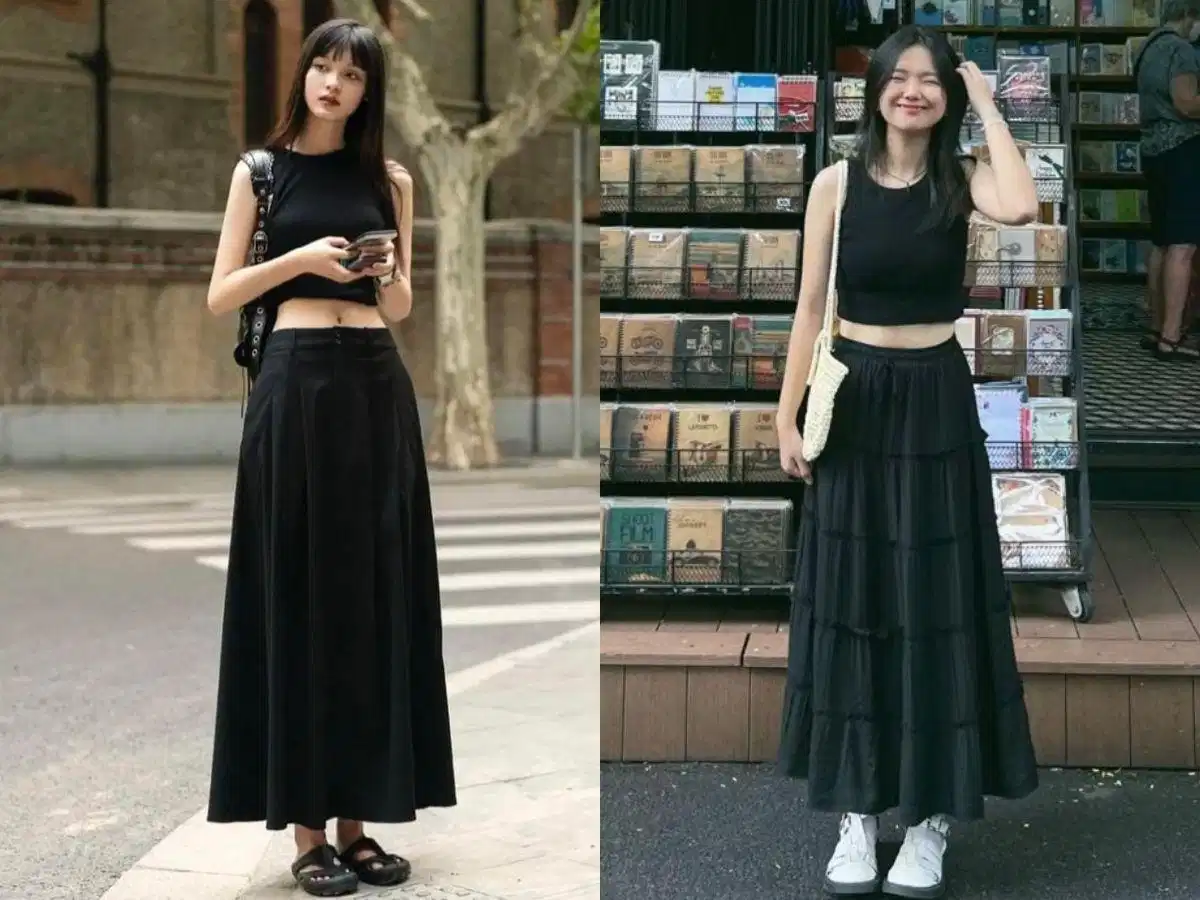 Áo thun đen phối chân váy midi