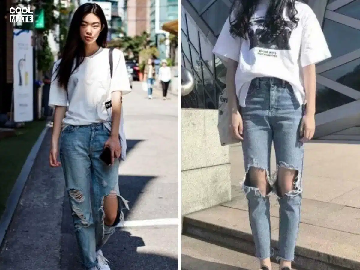 Quần jeans rách áo thun graphic và giày moca nữ Quần jeans rách áo thun graphic và giày moca nữ