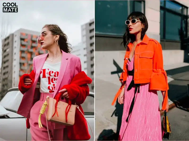 Phối màu liền kề giữa hồng pastel nhẹ nhàng cùng sắc đỏ cam ấm áp