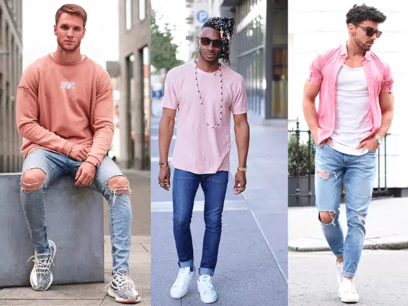 Phối áo hồng pastel cùng chất liệu denim thô mộc mang lại nét năng động hiện đại