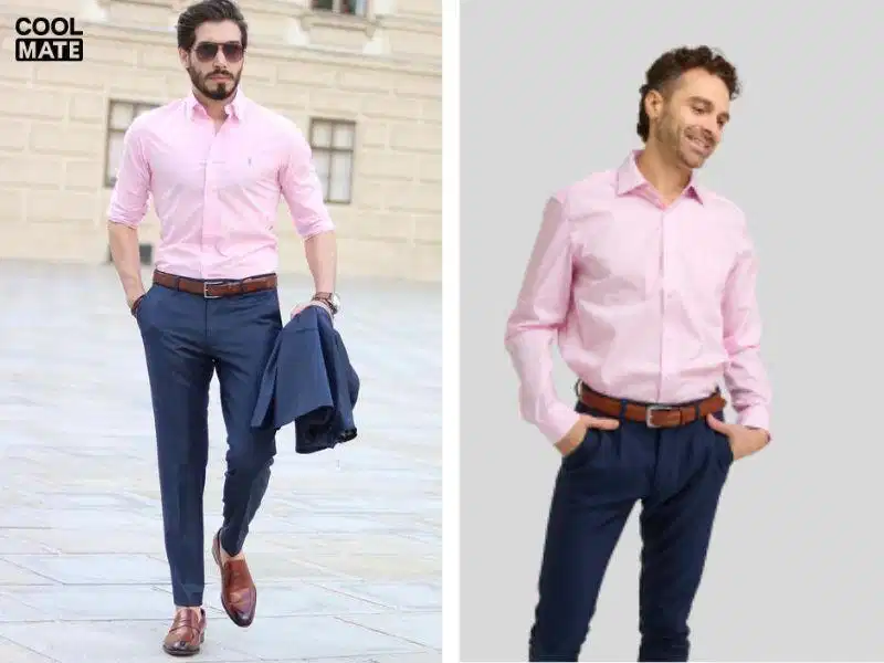 Phối đồ màu hồng với màu xanh đậm Phối đồ màu hồng cùng quần jeans hoặc áo xanh đậm