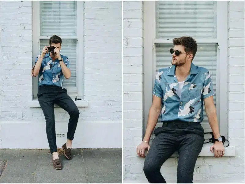 Áo sơ mi cổ cuba kết hợp quần âu nam phong cách retro