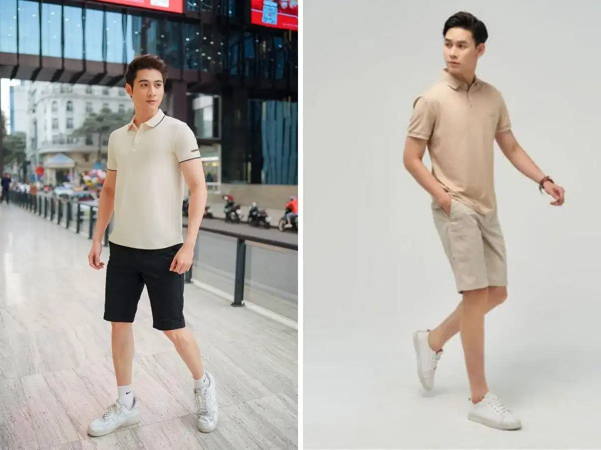 Phối quần short với áo polo nam màu be Phối quần short với áo polo nam màu be