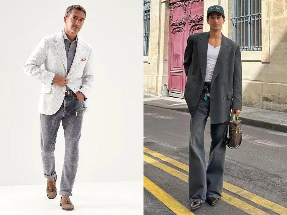 Phối đồ với áo khoác blazer và quần jeans xám