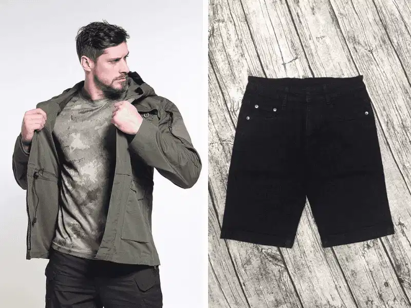 Phối đồ với áo khoác lính mỹ cùng áo thun rằn ri và quần shorts Phối đồ với áo khoác lính mỹ, áo thun rằn ri và quần shorts