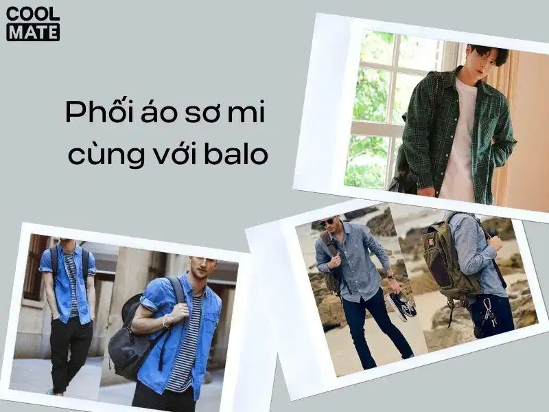 Sơ mi phối quần kaki cùng balo Áo sơ mi kết hợp quần kaki và balo chỉn chu