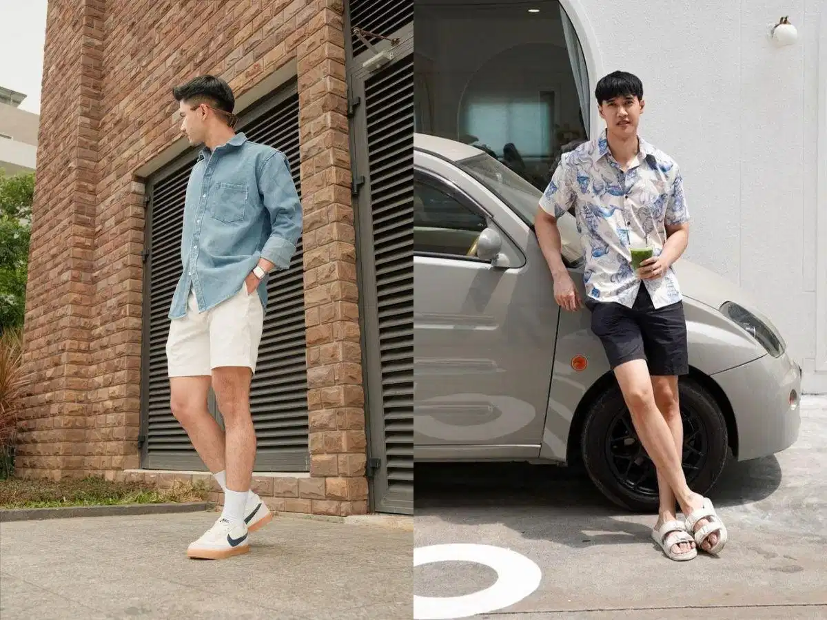 Sơ mi phối cùng quần short nam Layering áo sơ mi khoác ngoài áo thun cùng quần short