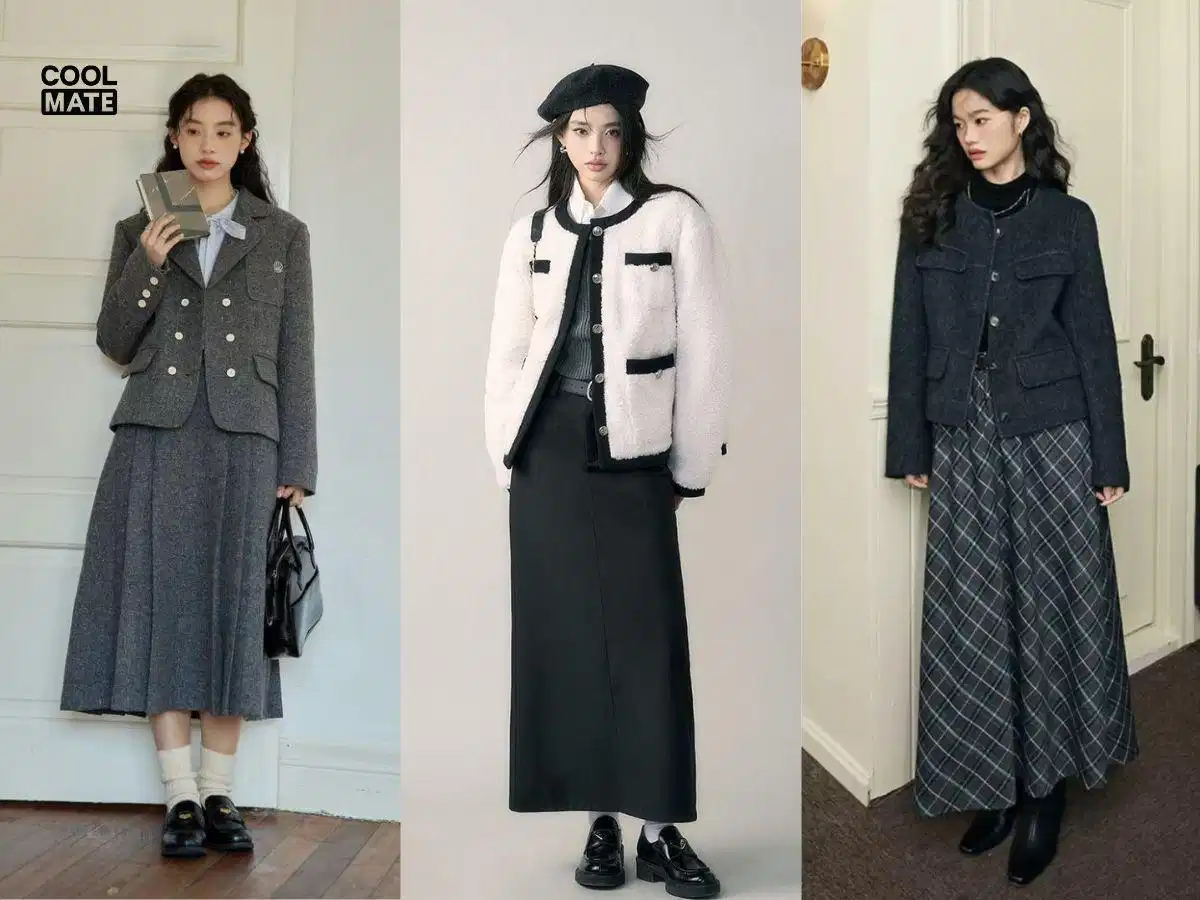 Phối giày lười nữ với trang phục dạ tweed Phối giày lười nữ với trang phục dạ tweed