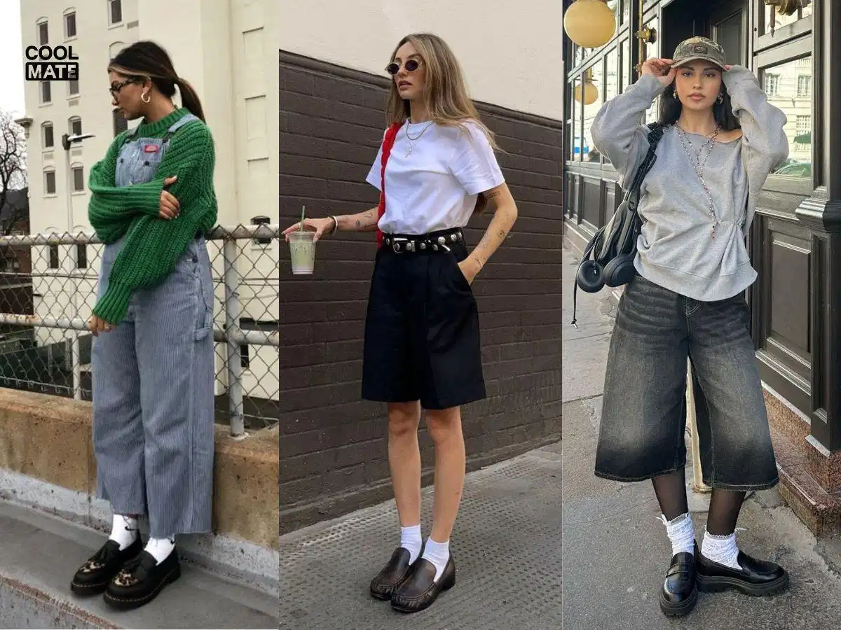 Phối giày lười nữ với quần yếm và trang phục streetwear Phối giày lười nữ với quần yếm và trang phục streetwear