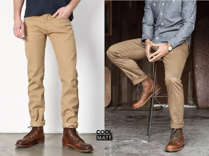 Phối work boots cùng quần kaki Phối giày work boots nam cùng quần kaki chinos tông màu đất