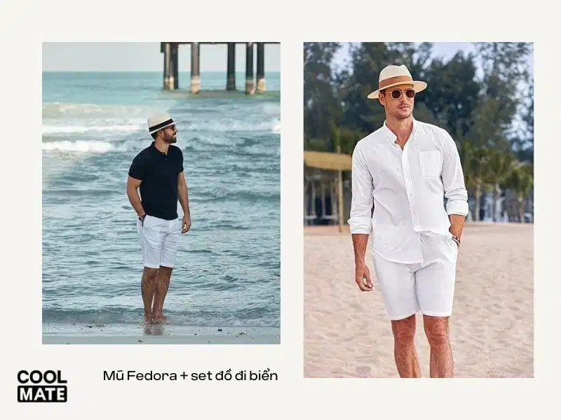 Phối mũ Fedora với set đồ đi biển Phối mũ Fedora với set đồ đi biển