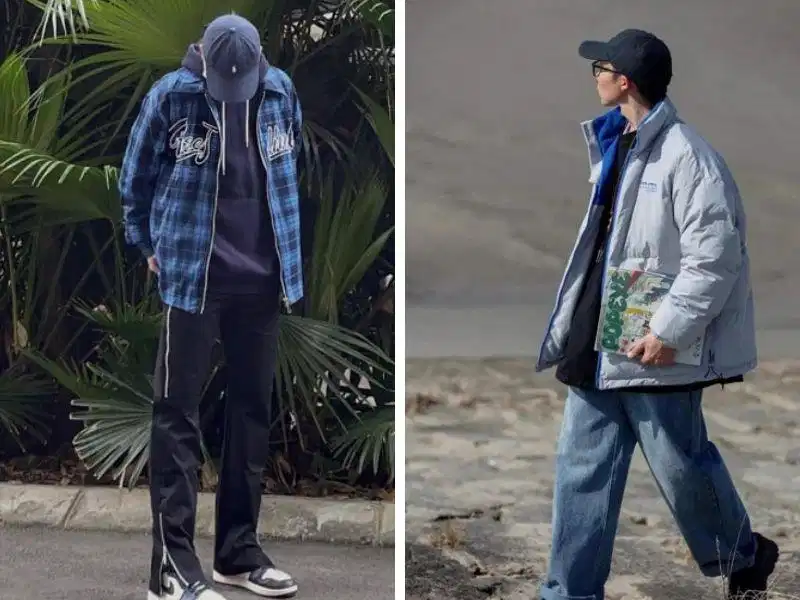 Phối mũ lưỡi trai với áo sơ mi và quần jeans ống rộng Phối mũ lưỡi trai với áo sơ mi và quần jeans ống rộng