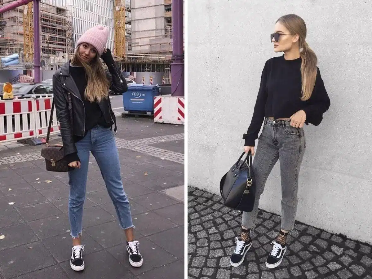 Phối quần jeans ống rộng với giày Vans nữ Phối quần jeans ống rộng với giày Vans nữ