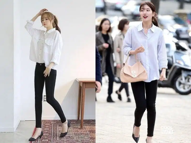 Quần biker shorts phối áo sơ mi phom rộng