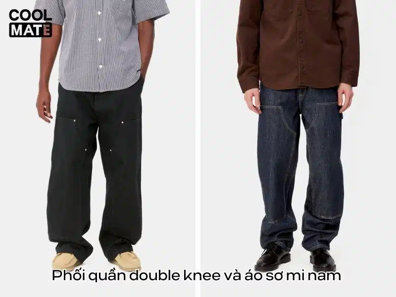 Phối quần Double Knee với áo sơ mi Phối áo sơ mi cài cúc cùng quần Double Knee theo phong cách nhã nhặn