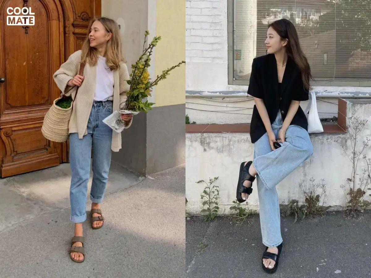 Quần jean nữ phối dép sandal quai ngang