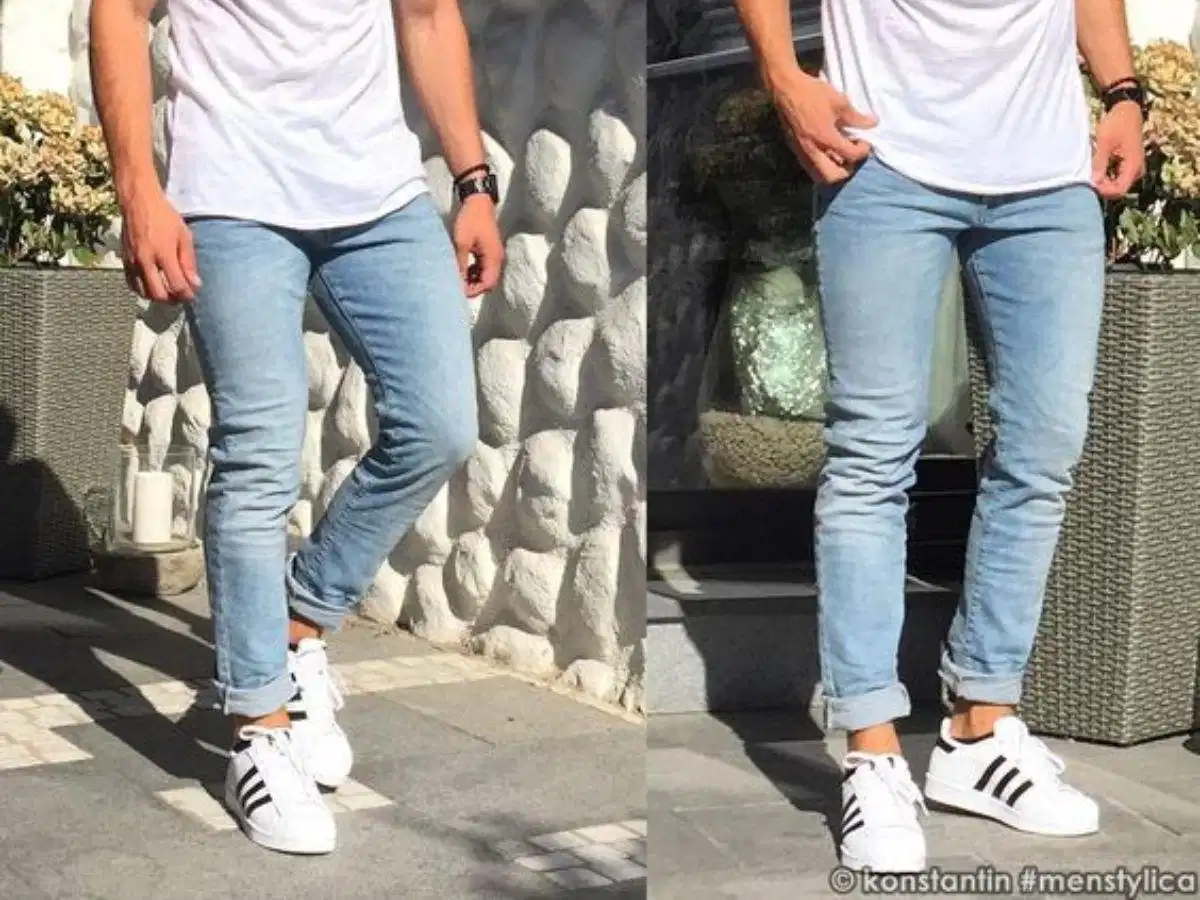 Phối quần jean với giày Adidas cho nam có thân hình cơ bắp