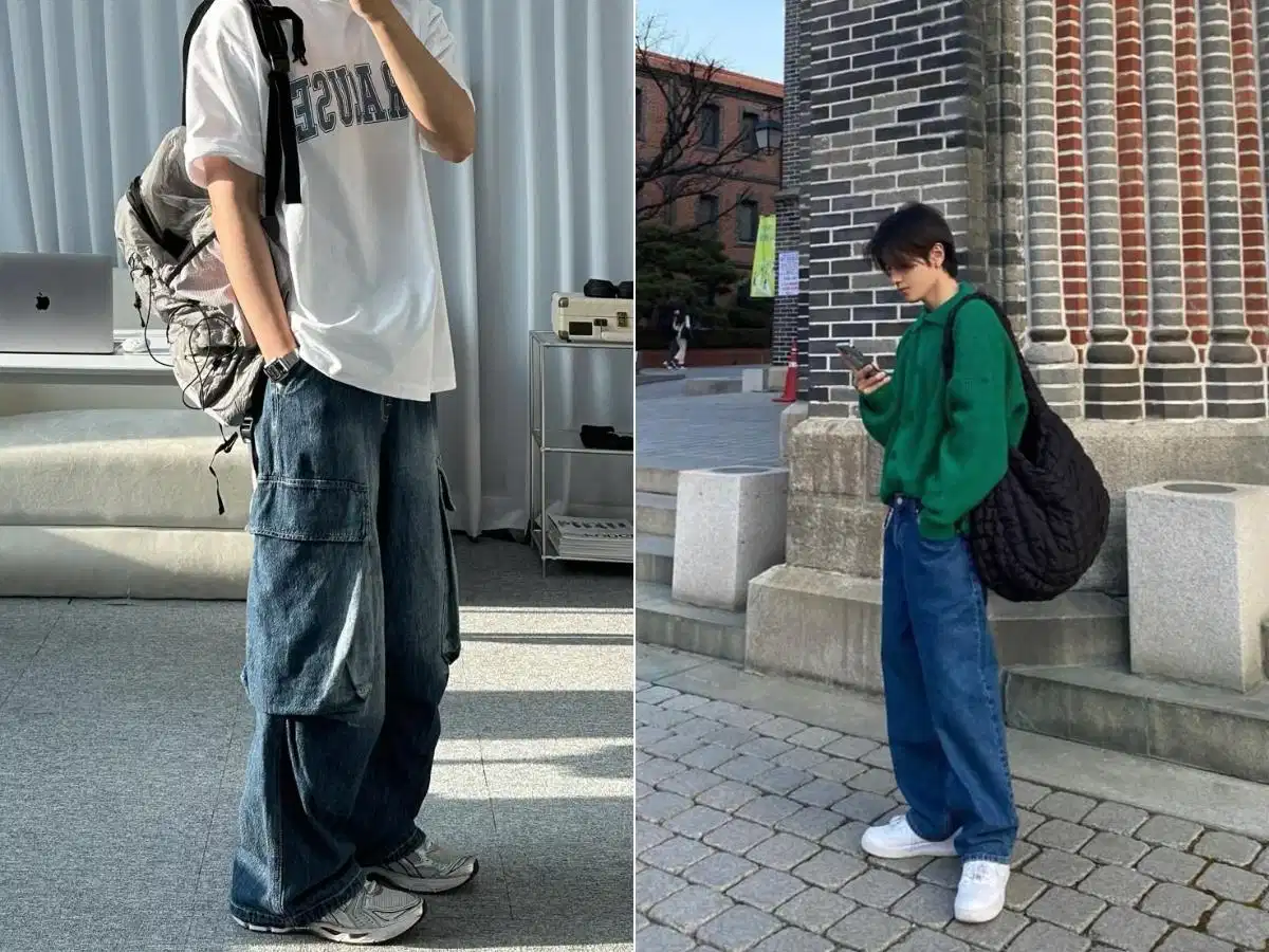 Phối quần jeans ống rộng nam cùng giày thể thao Phối quần jeans ống rộng nam cùng giày thể thao