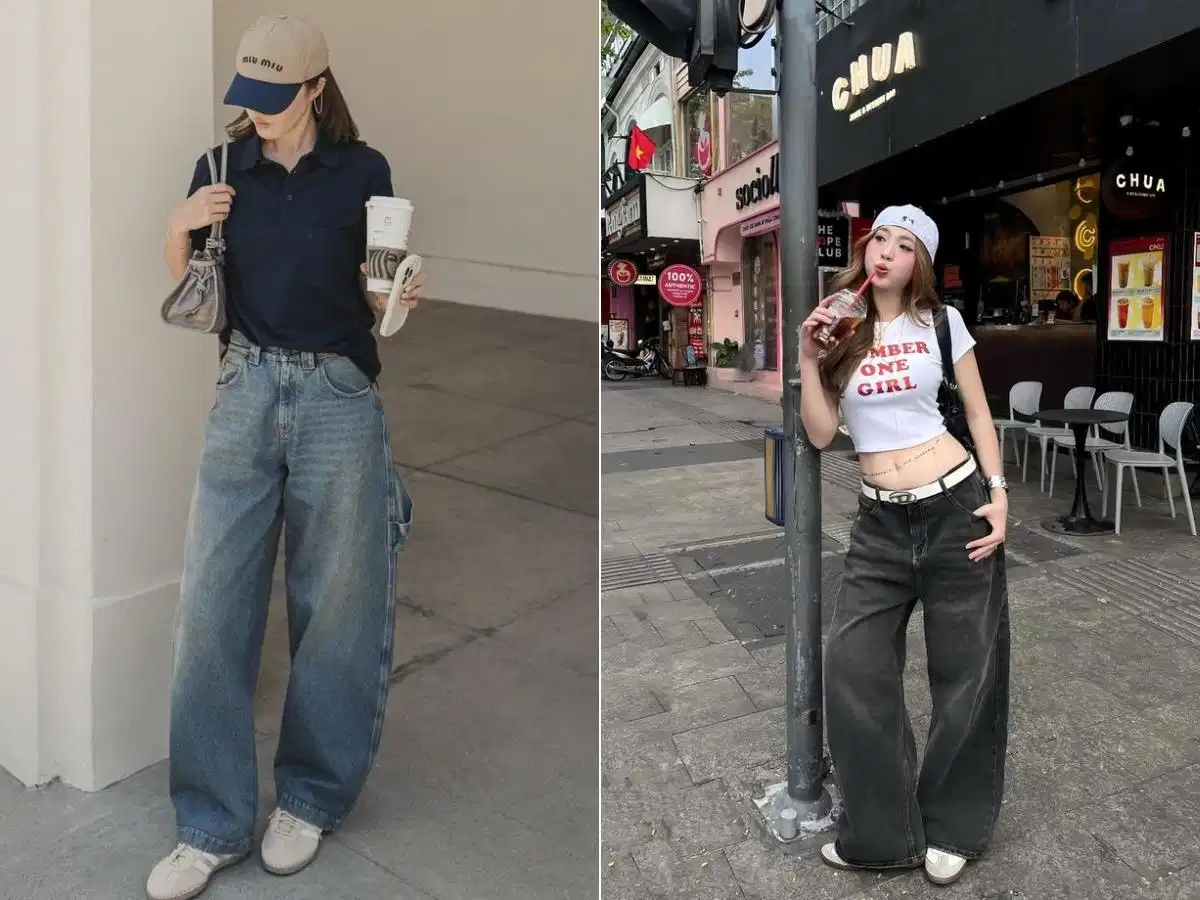 Phối quần jeans ống rộng với giày thể thao Phối quần jeans ống rộng với giày thể thao