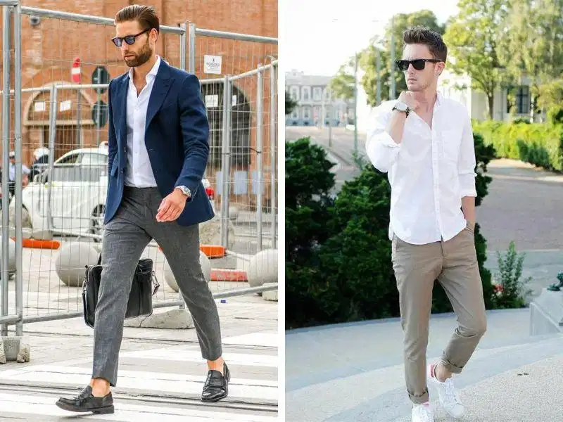 Sơ mi trắng, quần ghi và blazer thanh lịch Quần kaki ghi phối cùng áo sơ mi trắng và blazer