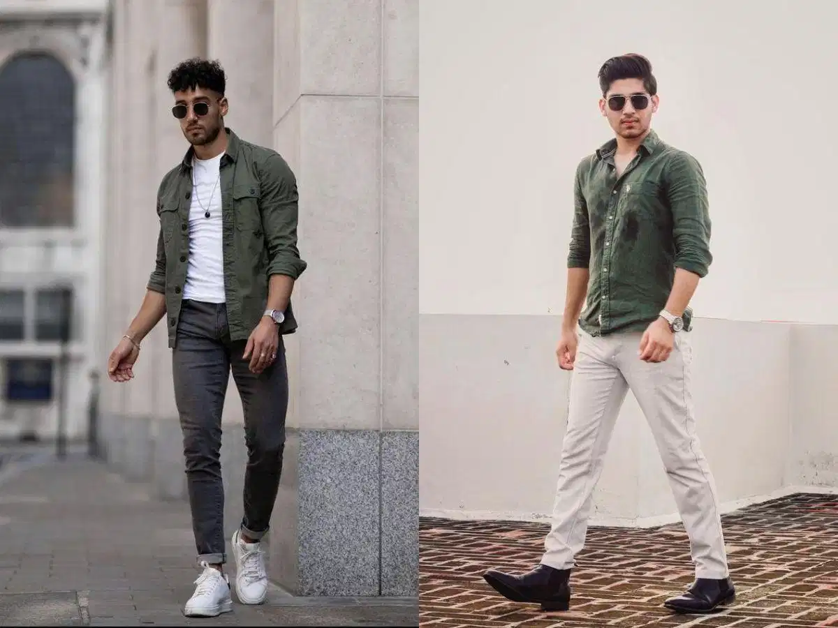 Phối quần màu xám cùng áo xanh olive