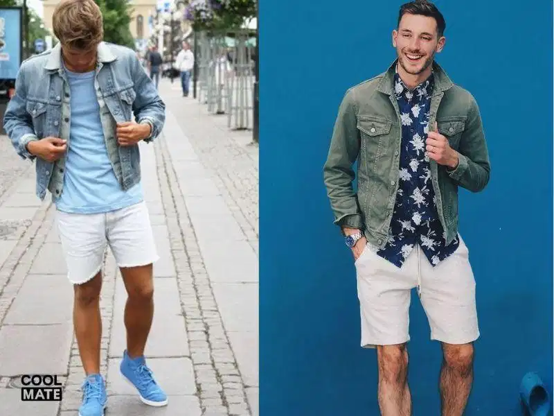 Áo khoác denim phối cùng quần short trắng nam Áo khoác denim phối cùng quần short trắng nam