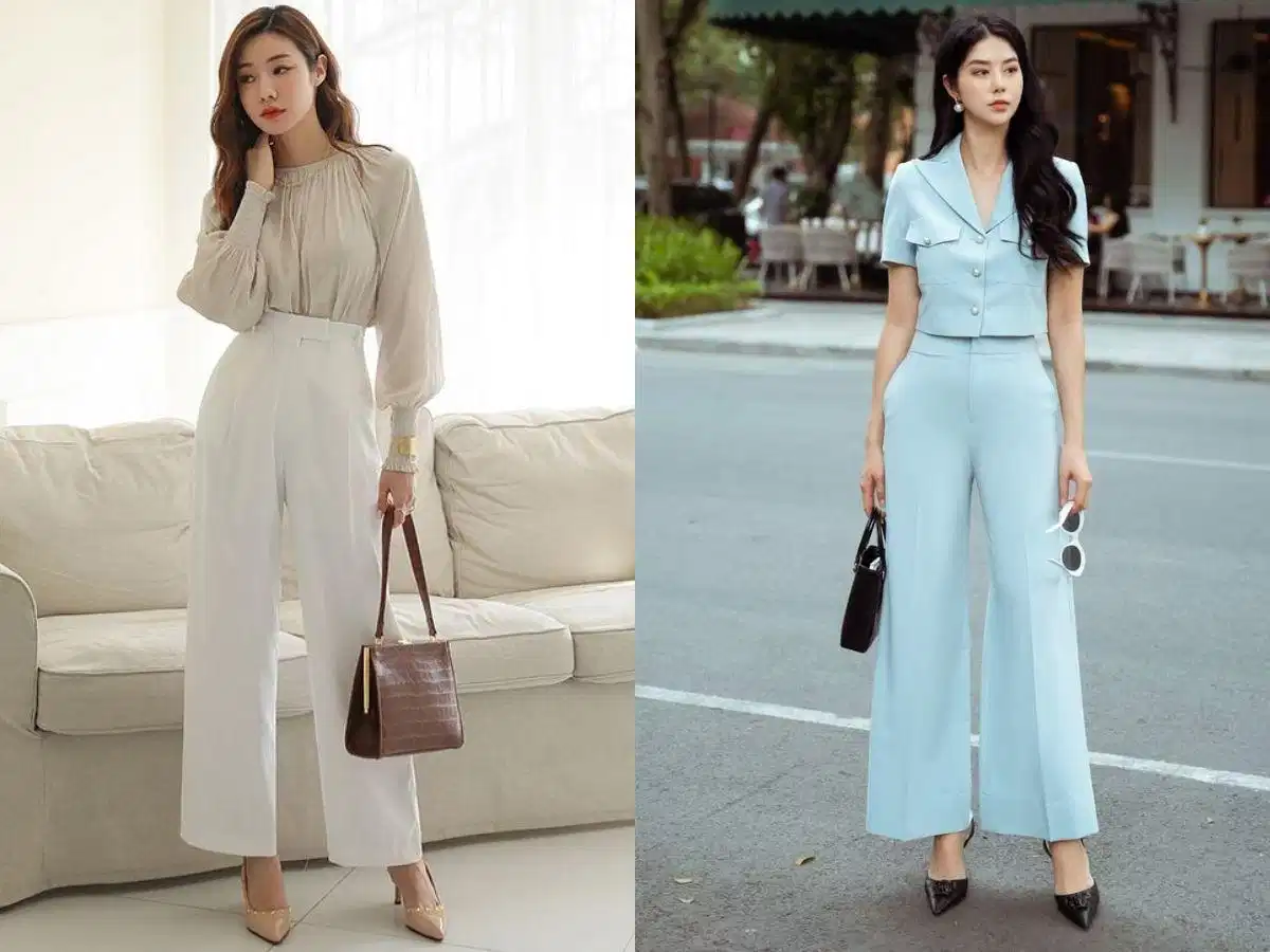 Phối quần tây ống rộng nữ cho người có chiều cao khiêm tốn