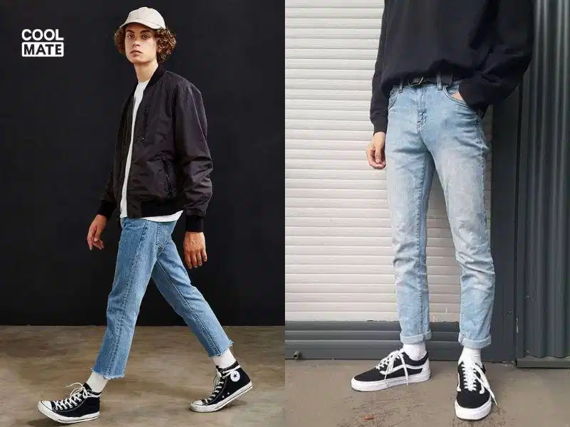 Phối tất màu trắng với quần jean và giày thể thao Phối tất màu trắng với quần jean và giày thể thao