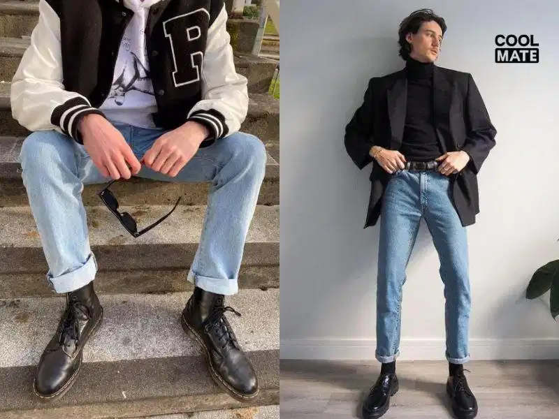 Phối tất nam với quần jean và giày cao cổ Phối tất nam với quần jean và giày cao cổ