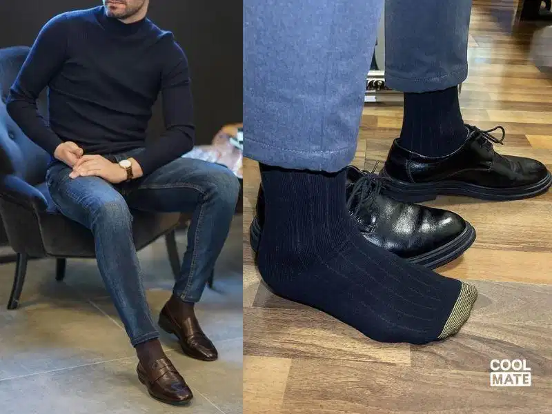 Phối tất tối màu với quần jean và giày tây Phối tất tối màu với quần jean và giày tây