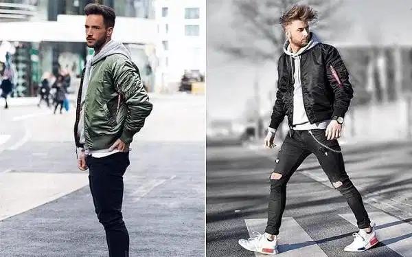 Bomber jacket phối cùng quần jeans wash bạc năng động Bomber jacket phối cùng quần jeans wash bạc năng động