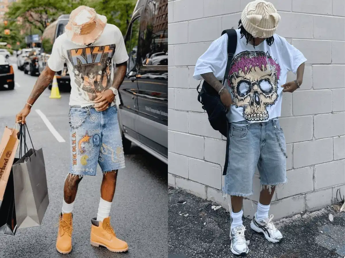 Quần short jean nam phối áo thun họa tiết Quần short jean nam phối áo thun họa tiết