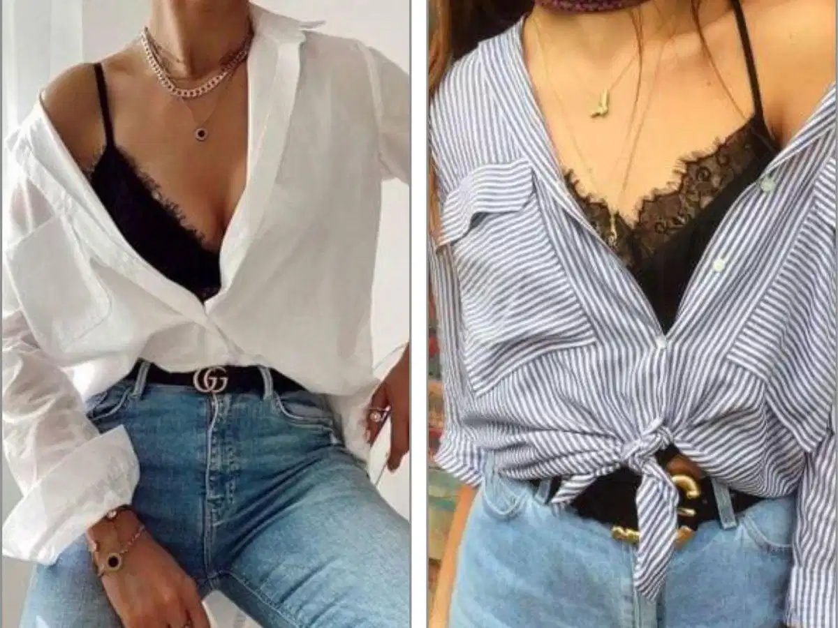Áo bra ren phối cùng sơ mi trắng