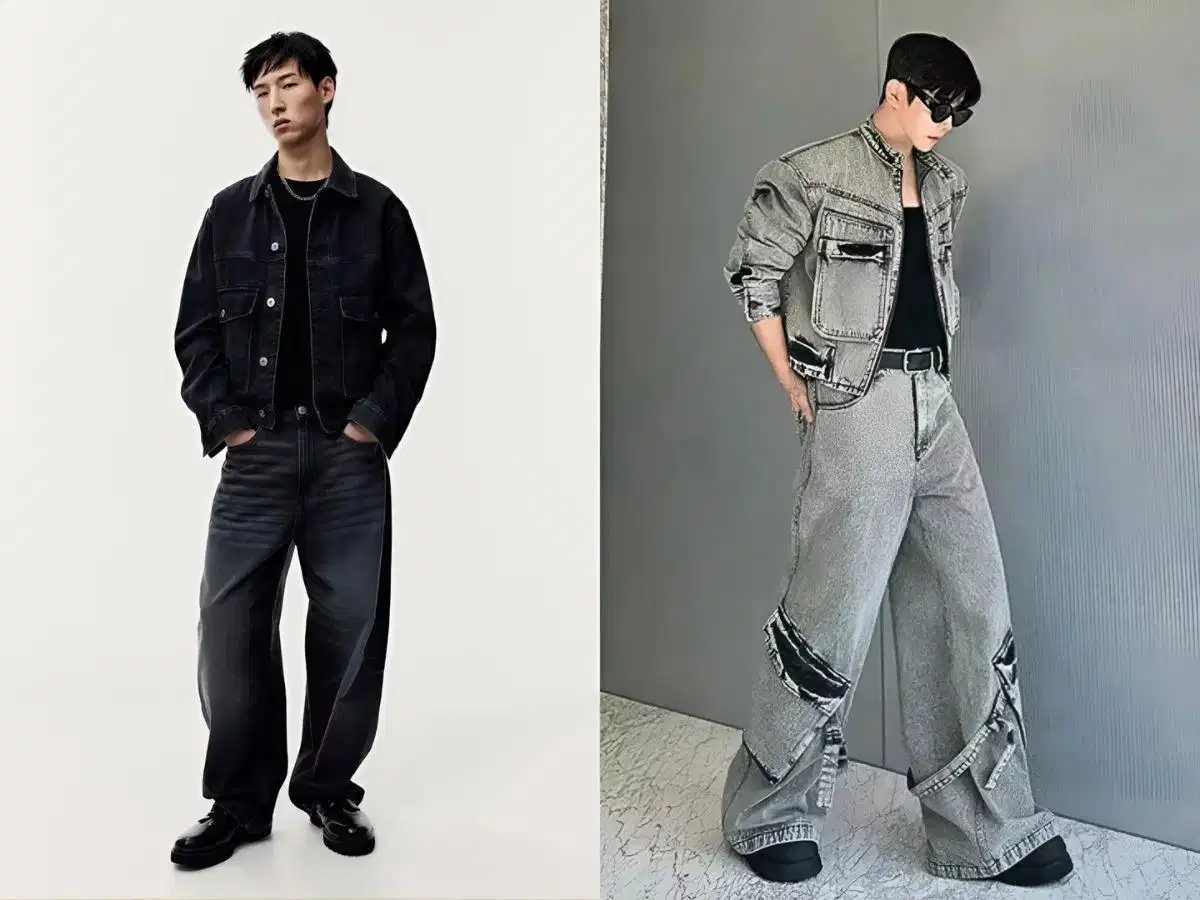 Áo phông in hình phối với áo khoác kaki và quần baggy jeans Áo phông in hình phối với áo khoác kaki và quần baggy jeans