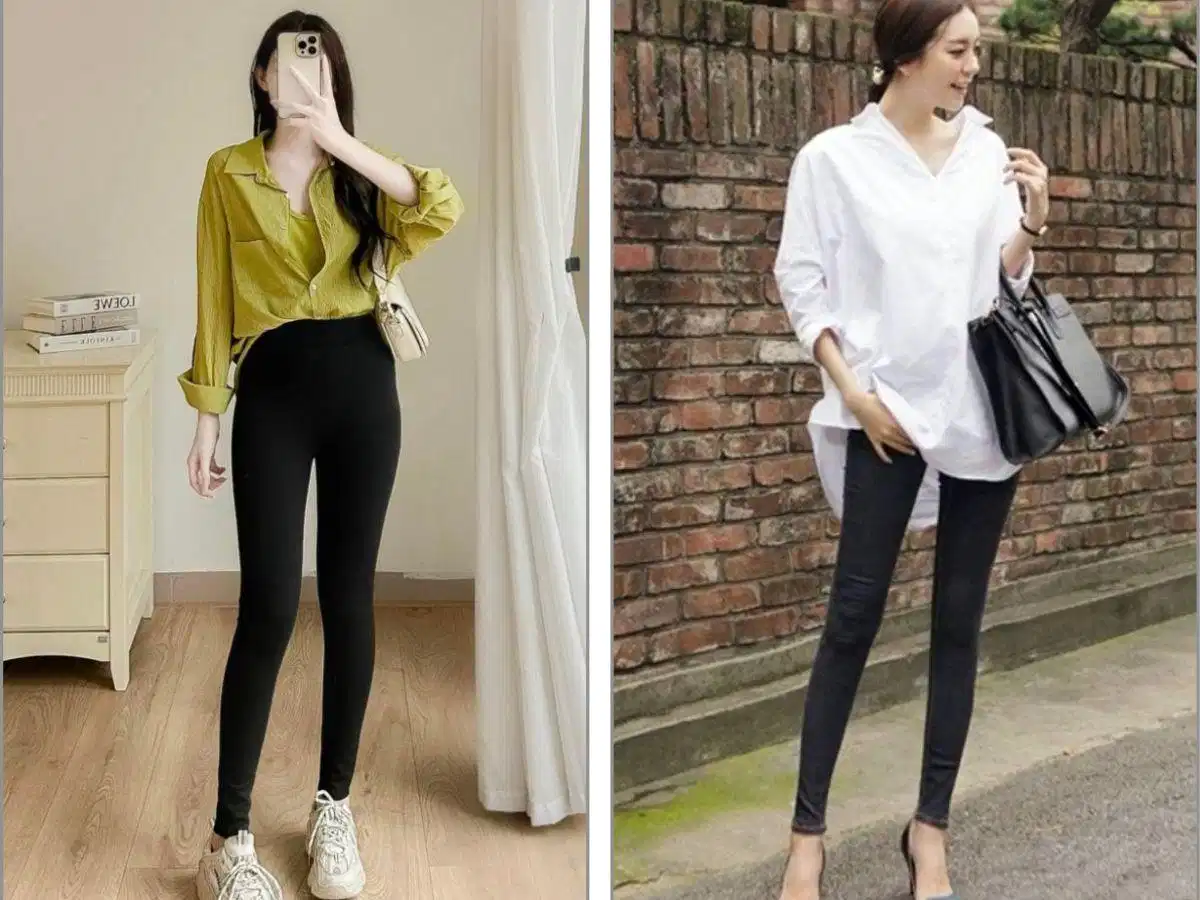 Phối quần legging với áo sơ mi