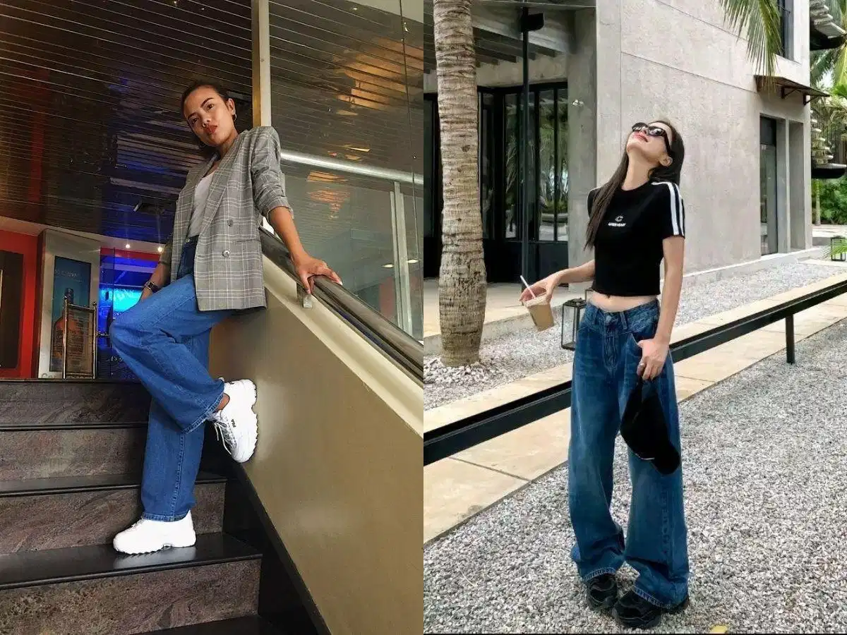 Quần jeans ống rộng phối cùng giày Fila