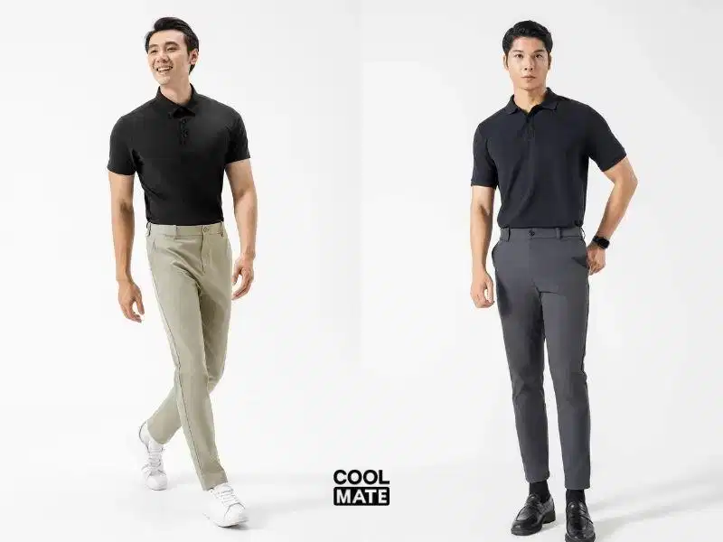 Phối áo polo đen cùng quần âu màu xám thanh lịch