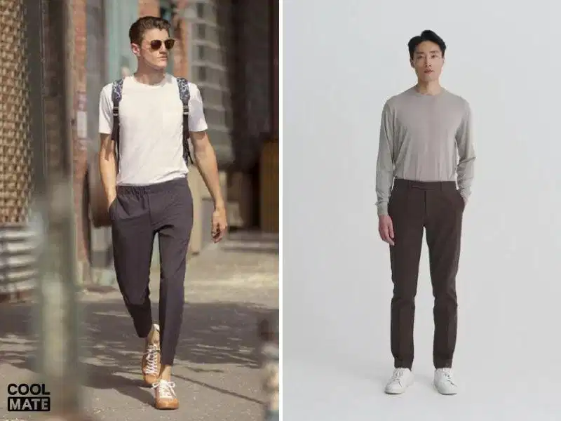 Quần chinos phối áo thun Phối quần chinos cùng áo thun trắng cổ tròn tối giản