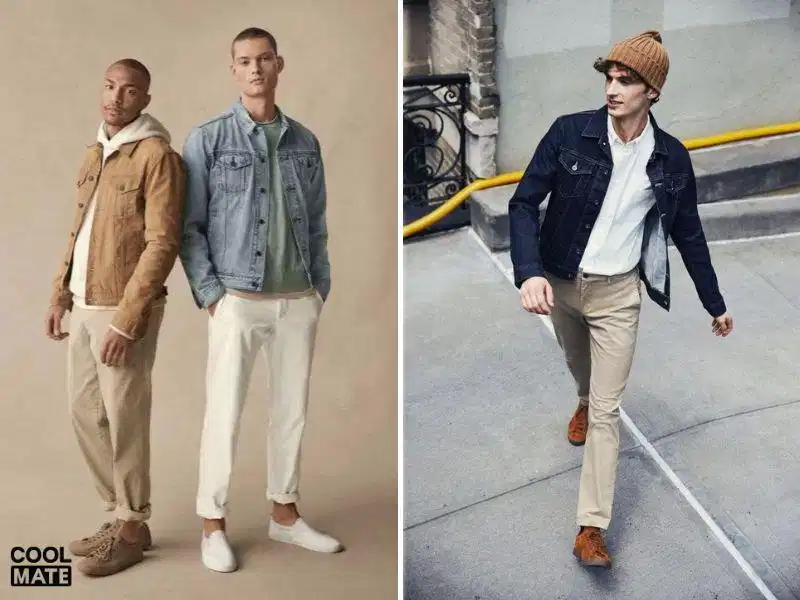Quần chinos phối denim jacket Phối áo khoác denim jacket cùng quần chinos màu tương phản
