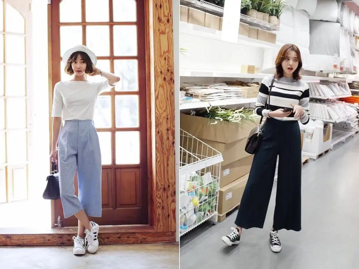Quần culottes phối với giày thể thao cổ thấp Quần culottes phối với giày thể thao cổ thấp