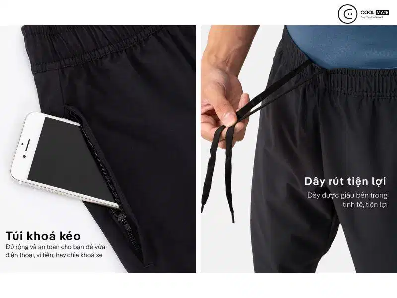 Đường kim mũi chỉ và chi tiết khóa kéo tiện ích trên quần Daily Pants