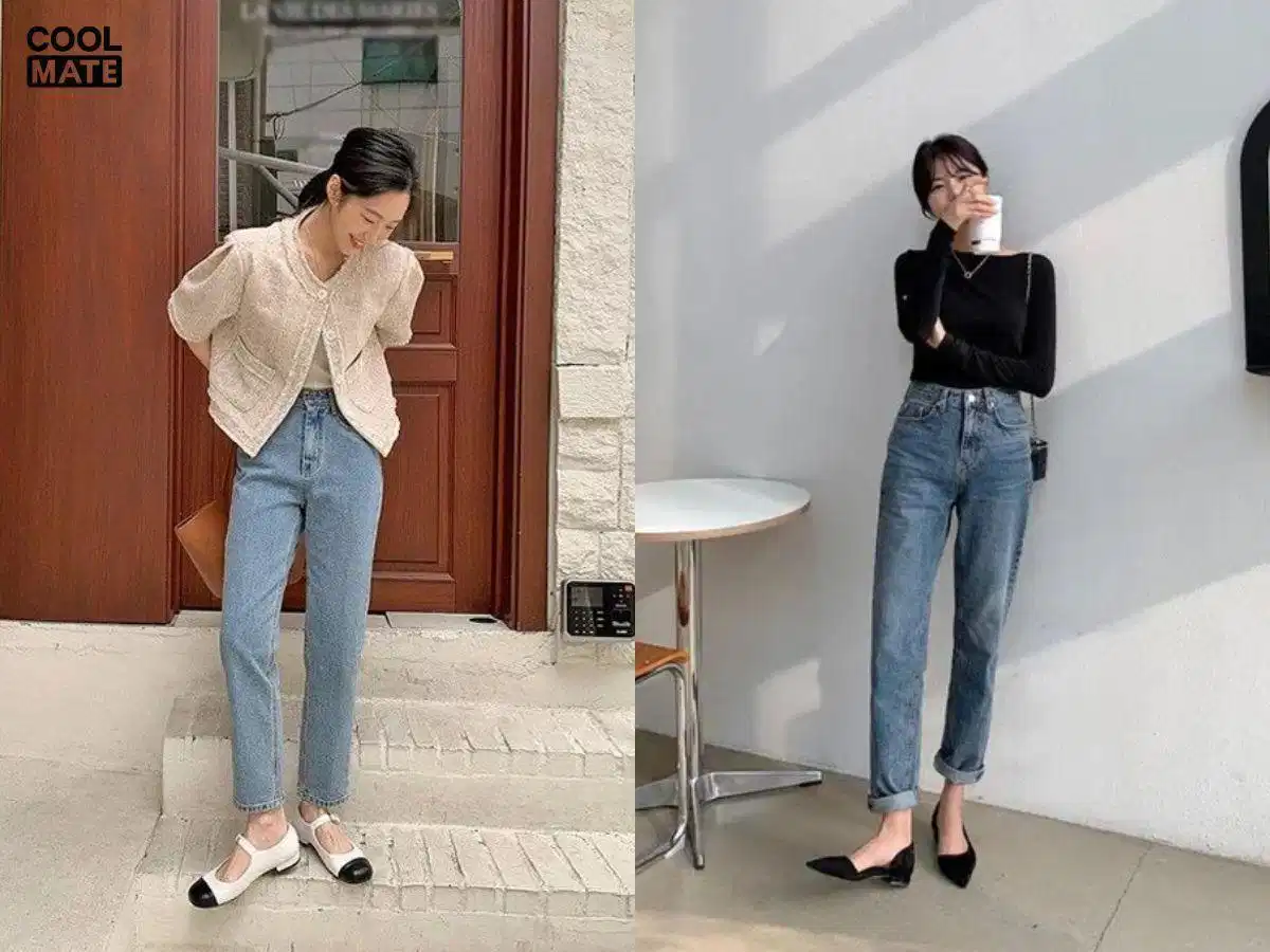 Quần jean nữ ống đứng phối giày búp bê