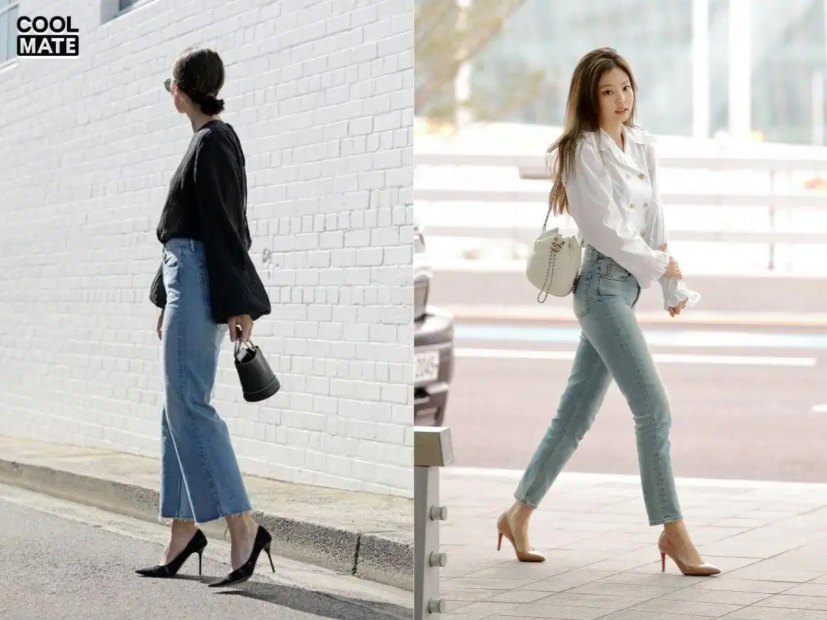 Quần jean nữ ống rộng phối giày cao gót