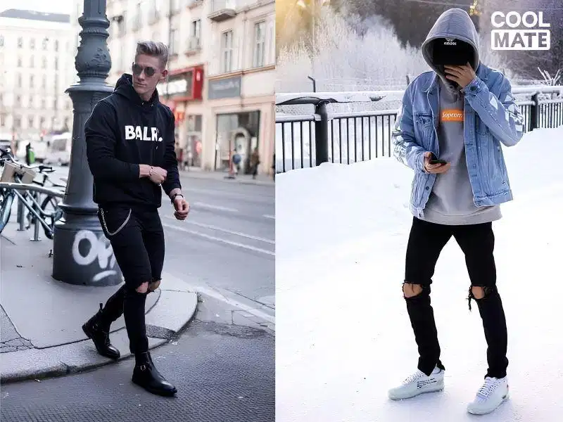 Quần jeans rách nhẹ thể hiện sự bụi bặm, phá cách Quần jeans rách nhẹ thể hiện sự bụi bặm, phá cách