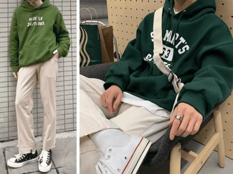 Áo sweater xanh lá và quần kem Áo sweater dệt kim màu xanh lá phối quần kem